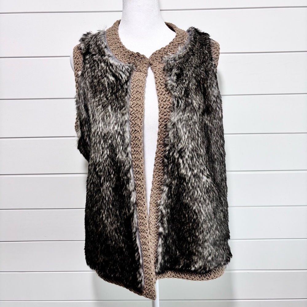 Ann Taylor Vest Women Brown‎ Faux Fur Open Front Knit Size L P